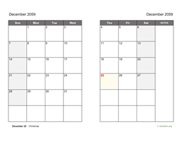 December 2059 Calendar on two pages