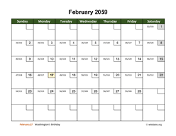 February 2059 Calendar with Day Numbers