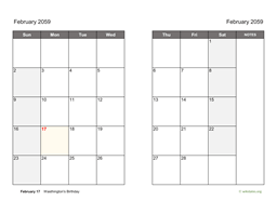 February 2059 Calendar on two pages