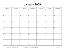 Basic Calendar for January 2059