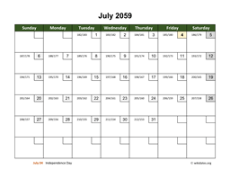 July 2059 Calendar with Day Numbers