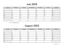 July and August 2059 Calendar