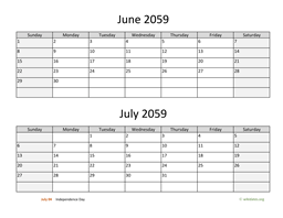 June and July 2059 Calendar