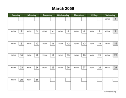 March 2059 Calendar with Day Numbers