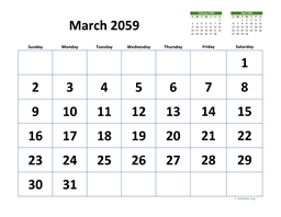 March 2059 Calendar with Extra-large Dates