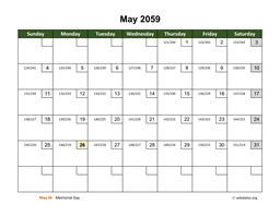 May 2059 Calendar with Day Numbers