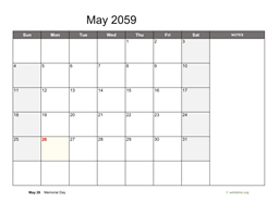 May 2059 Calendar with Notes