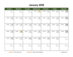 Monthly 2059 Calendar with Day Numbers