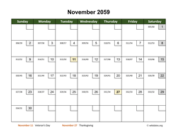 November 2059 Calendar with Day Numbers