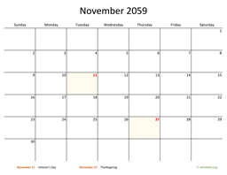 November 2059 Calendar with Bigger boxes