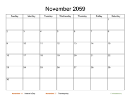 Basic Calendar for November 2059