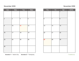 November 2059 Calendar on two pages