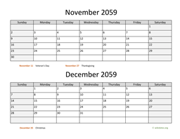 November and December 2059 Calendar