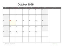 October 2059 Calendar with Notes