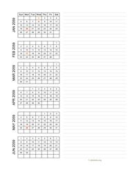 six months 2059 calendar vertical with notes