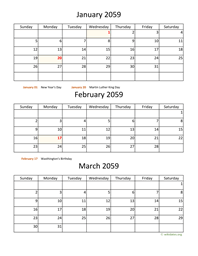 three months 2059 calendar vertical