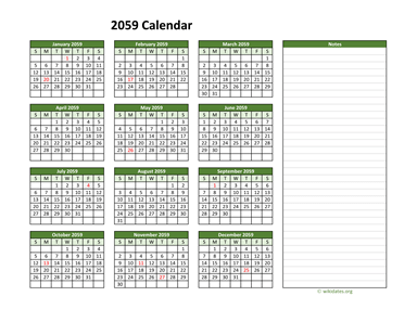 Yearly Printable 2059 Calendar with Notes