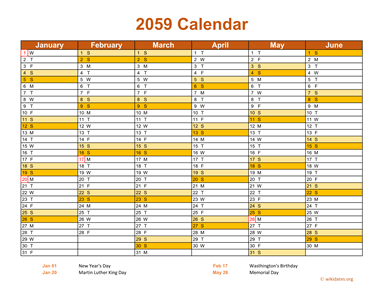 2059 Calendar on 2 Pages, Landscape Orientation