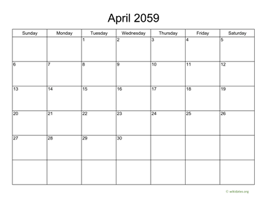 Basic Calendar for April 2059 | WikiDates.org