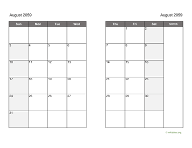 August 2059 Calendar on two pages