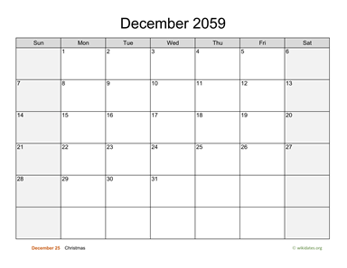 December 2059 Calendar with Weekend Shaded