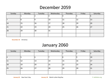 December 2059 and January 2060 Calendar Horizontal