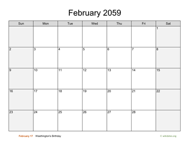 February 2059 Calendar with Weekend Shaded