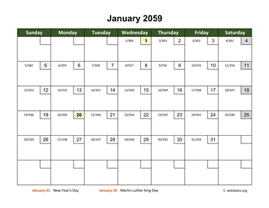 January 2059 Calendar with Day Numbers