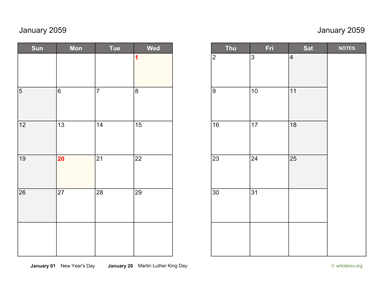 January 2059 Calendar on two pages