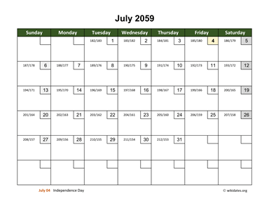 July 2059 Calendar with Day Numbers