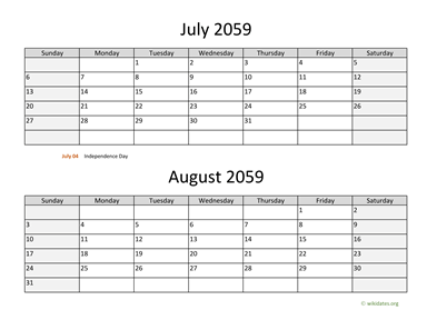 July and August 2059 Calendar Horizontal