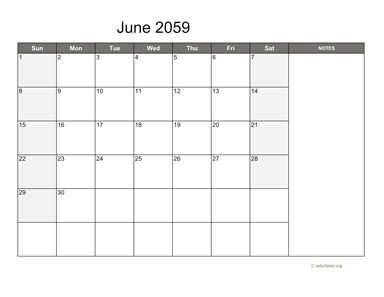 June 2059 Calendar with Notes