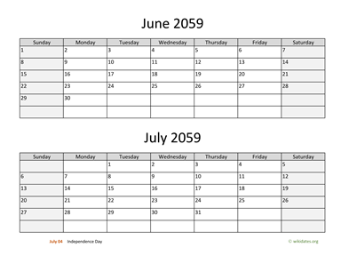June and July 2059 Calendar Horizontal