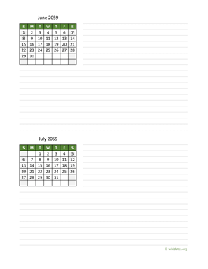June and July 2059 Calendar with Notes