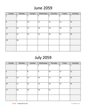 June and July 2059 Calendar Vertical