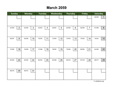 March 2059 Calendar with Day Numbers