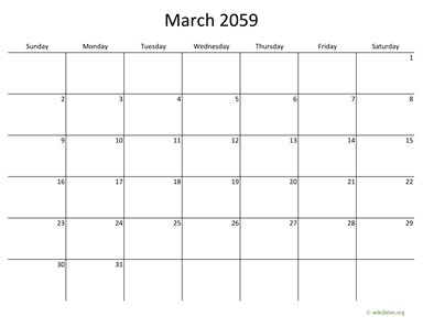 March 2059 Calendar with Bigger boxes