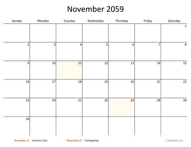 November 2059 Calendar with Bigger boxes