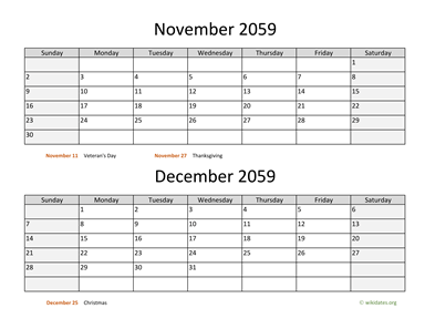 November and December 2059 Calendar Horizontal
