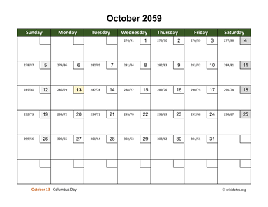 October 2059 Calendar with Day Numbers