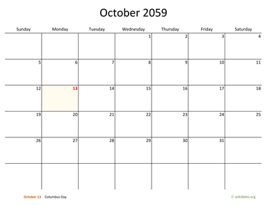 October 2059 Calendar with Bigger boxes