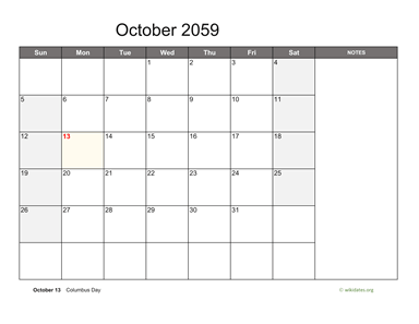 October 2059 Calendar with Notes