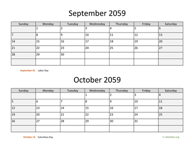 September and October 2059 Calendar Horizontal