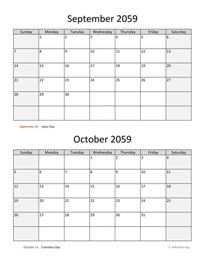 September and October 2059 Calendar Vertical