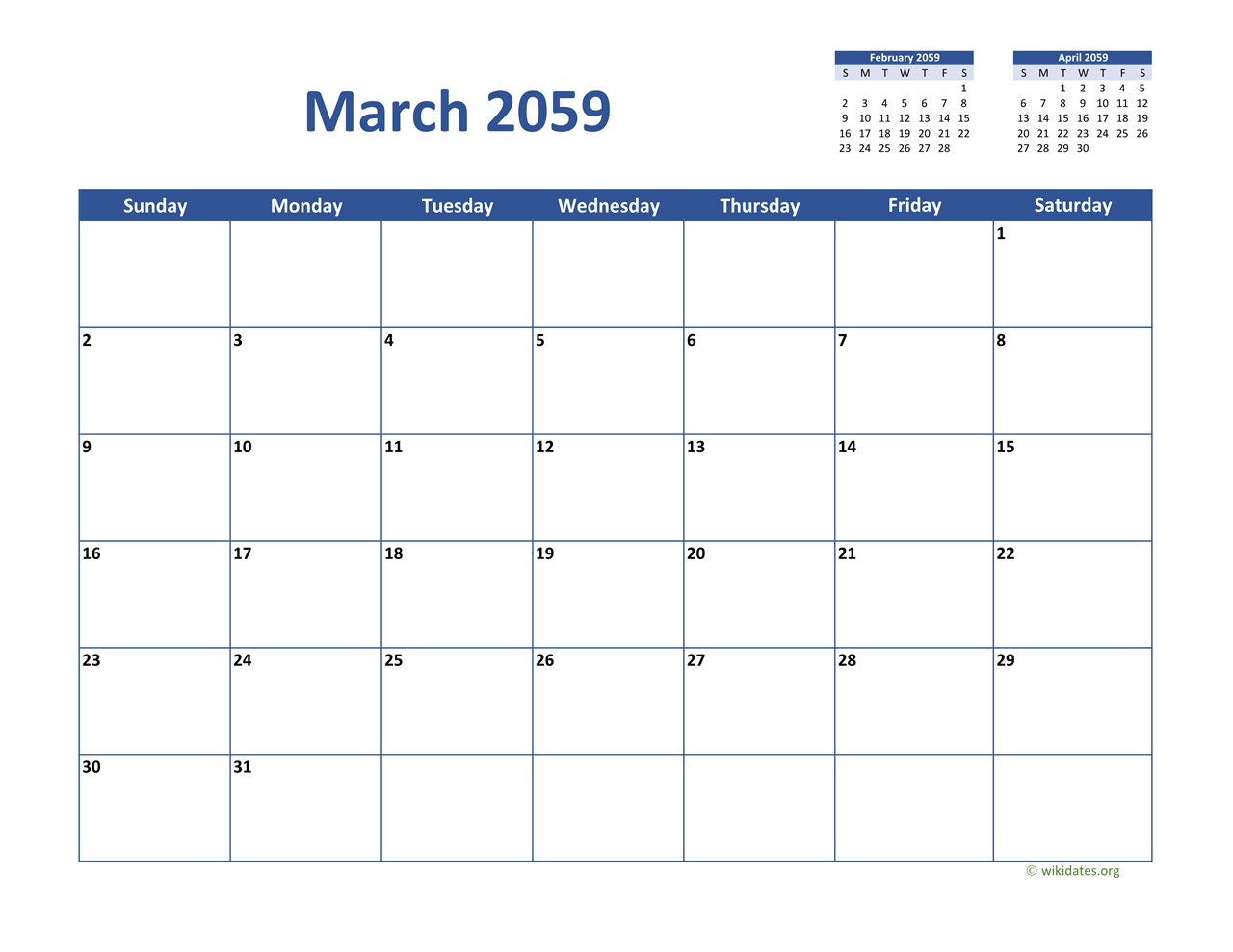 March 2059 Calendar Classic