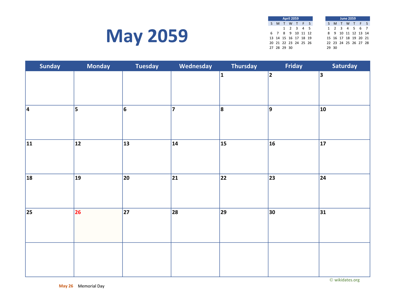 May 2059 Calendar Classic