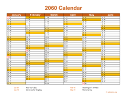 2060 Calendar on 2 Pages, Landscape Orientation