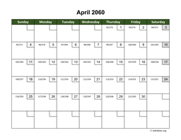 April 2060 Calendar with Day Numbers