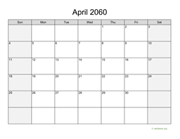 April 2060 Calendar with Weekend Shaded