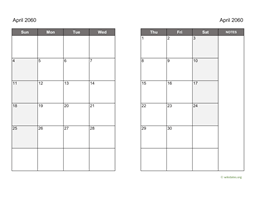 April 2060 Calendar on two pages